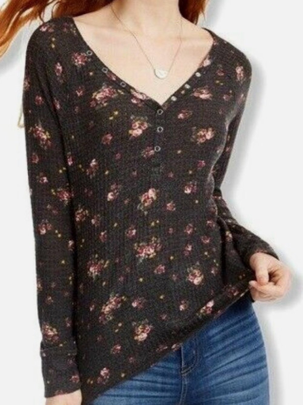 Ultra Flirt Black Floral Henley Waffle Long Sleeve Top